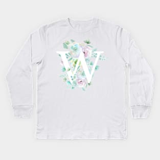 Botanical alphabet W green and purple flowers Kids Long Sleeve T-Shirt